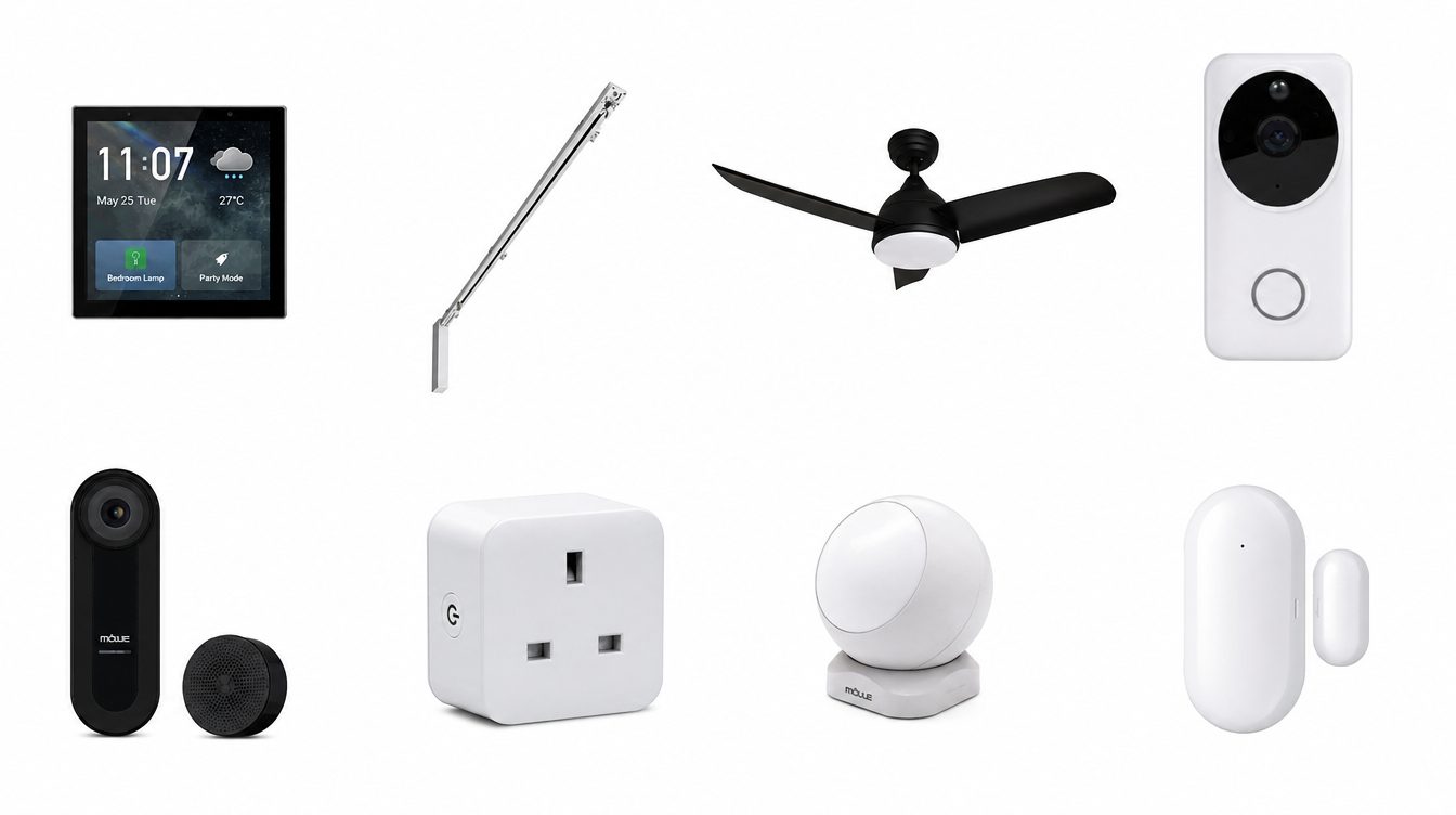 The Life Tech SG device ecosystem: panel, curtain track, fans, camera, doorbell, plug, and sensors